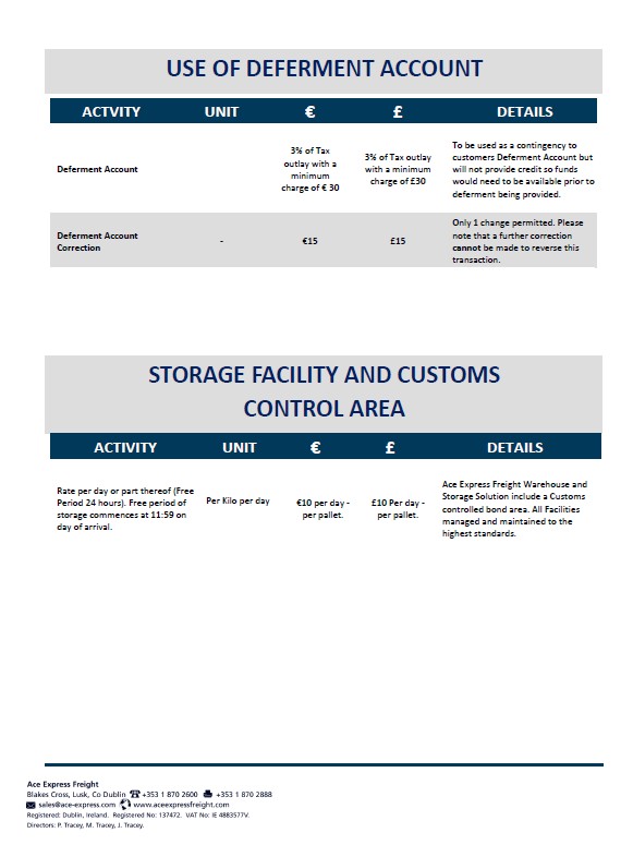 Customs Rate Card 2026 | Ace Express Freight
