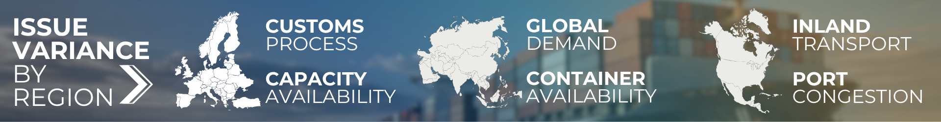 Image with text sharing freight cost issue variance between regions. Ireland, Uk, and Europe: customs process and capacity availability issues. Asia-Europe: global demand and container availability issues. North America: inland transportation and port congestion issues.